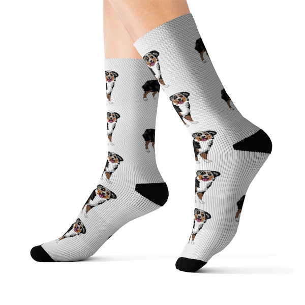 Australian Shepherd Sublimation Socks, 3 Sizes, 60% Polyester, Ribbed Tube, Cushioned Bottoms, FREE Shipping, Made in USA!!