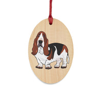 Basset Hound Wooden Ornaments, 6 Shapes, Magnetic Back, Red Ribbon, FREE Shipping, Made in USA!!