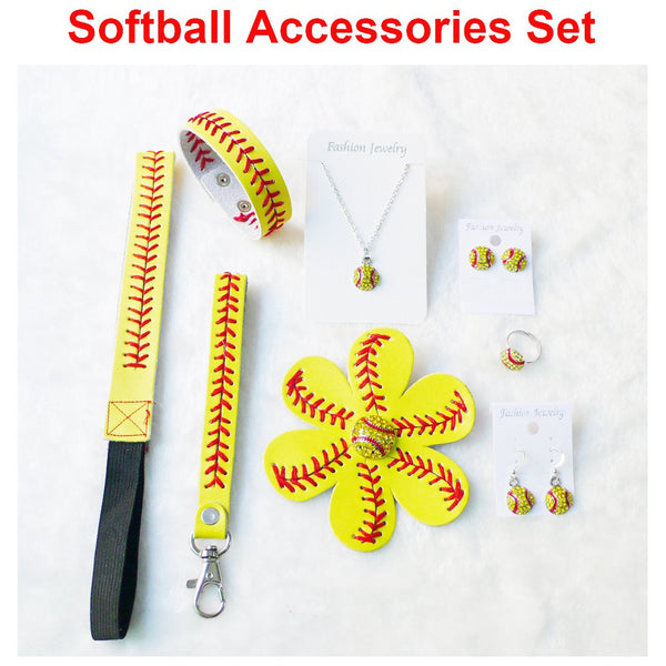 Softball Accessories Set, Leather Headband, Hair Flower, Bracelet, Wristlet, Key Chain Post, Earrings Studs Dangle, Necklace