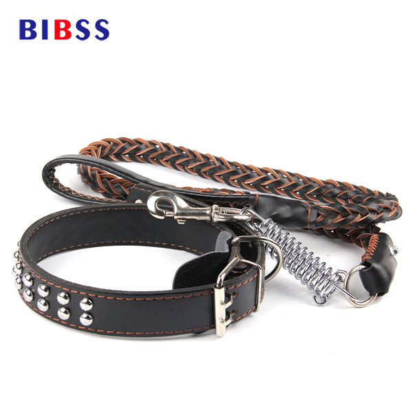 Braid Leather Dog Training Leash, Big Large Dog Leash With Spiked Rivets, Buckles, Dog Collar