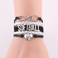 Infinity Love Softball Bracelet, Softball Charm, Leather Wrap, 16 Variations