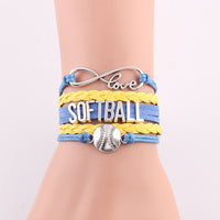 Infinity Love Softball Bracelet, Softball Charm, Leather Wrap, 16 Variations
