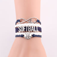 Infinity Love Softball Bracelet, Softball Charm, Leather Wrap, 16 Variations