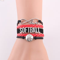 Infinity Love Softball Bracelet, Softball Charm, Leather Wrap, 16 Variations