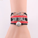 Infinity Love Softball Bracelet, Softball Charm, Leather Wrap, 16 Variations