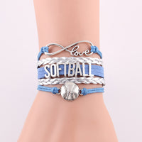 Infinity Love Softball Bracelet, Softball Charm, Leather Wrap, 16 Variations