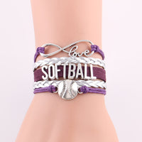 Infinity Love Softball Bracelet, Softball Charm, Leather Wrap, 16 Variations