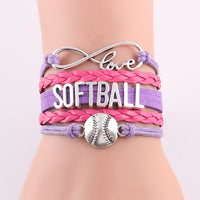 Infinity Love Softball Bracelet, Softball Charm, Leather Wrap, 16 Variations