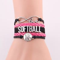 Infinity Love Softball Bracelet, Softball Charm, Leather Wrap, 16 Variations