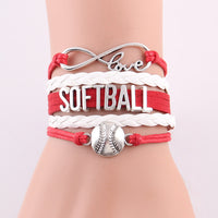 Infinity Love Softball Bracelet, Softball Charm, Leather Wrap, 16 Variations