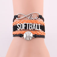 Infinity Love Softball Bracelet, Softball Charm, Leather Wrap, 16 Variations