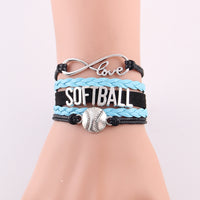 Infinity Love Softball Bracelet, Softball Charm, Leather Wrap, 16 Variations