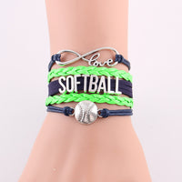 Infinity Love Softball Bracelet, Softball Charm, Leather Wrap, 16 Variations