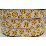 Softball Silk Screen Print Ribbon for Hairbows, 7/8 inch, 22 mm, Yellow Softball, 50 yds/roll, FREE Shipping