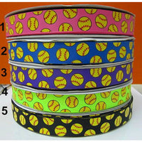 Softball Silk Screen Print Ribbon for Hairbows, 7/8 inch, 22 mm, Yellow Softball, 50 yds/roll, FREE Shipping