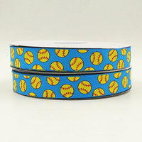 Softball Silk Screen Print Ribbon for Hairbows, 7/8 inch, 22 mm, Yellow Softball, 50 yds/roll, FREE Shipping