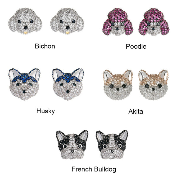 Super cute pet dog ear stud microinlay husky poodle bichon silver color needle fun animal earrings MH2201